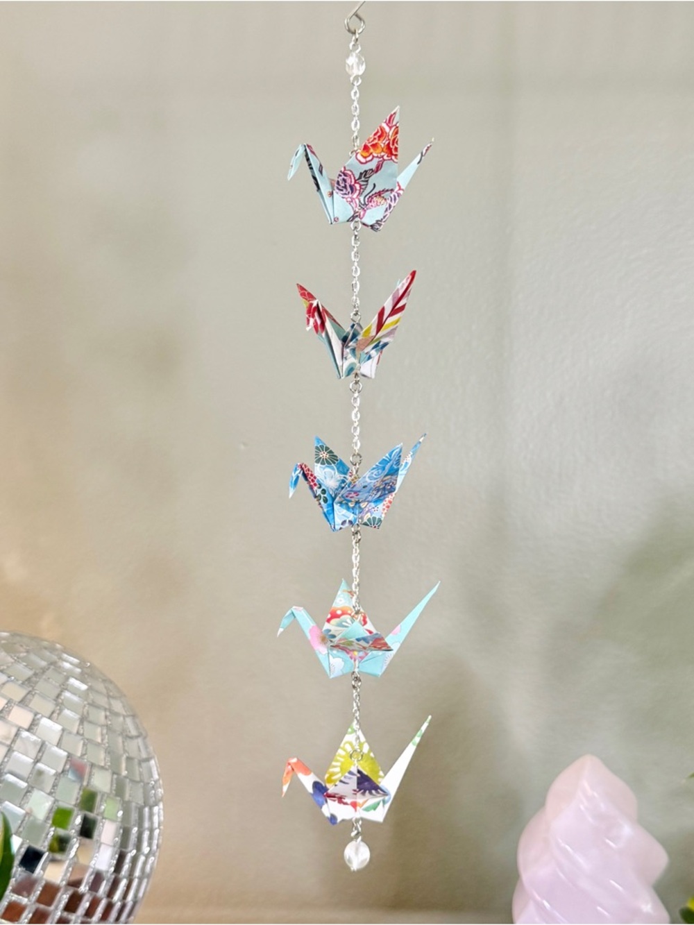 Origami Ornament #2512 - 5 Small Cranes in Colorful Patterns